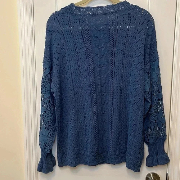 Knit Lacy Crochet Cable Sweater Womens Large Long Sleeves Blue Cottage Core Boho - Picture 4 of 16